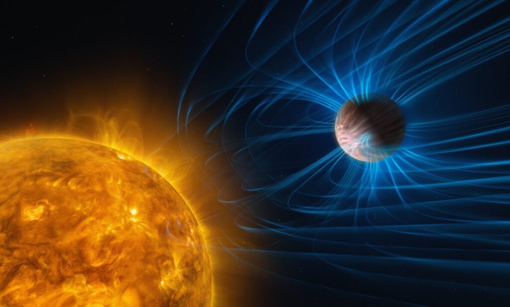 So könnte das Magnetfeld eines heißen Exoplaneten aussehen: Es bremst geladene Teilchen in der Atmosphäre und beeinflusst möglicherweise sogar gewaltige Stürme.