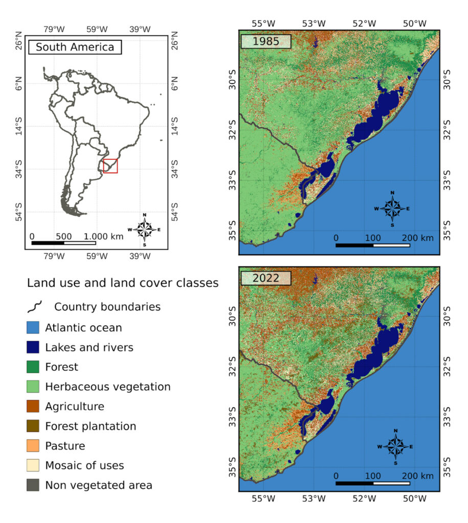 Die Karte zeigt die Lage der flachen subtropischen Küstenseen in Südbrasilien und Uruguay sowie Veränderungen bei Landnutzung und Bodenbedeckung zwischen 1985 und 2022. © Kluge et al. (2026), One Ecosystem, CC BY 4.0