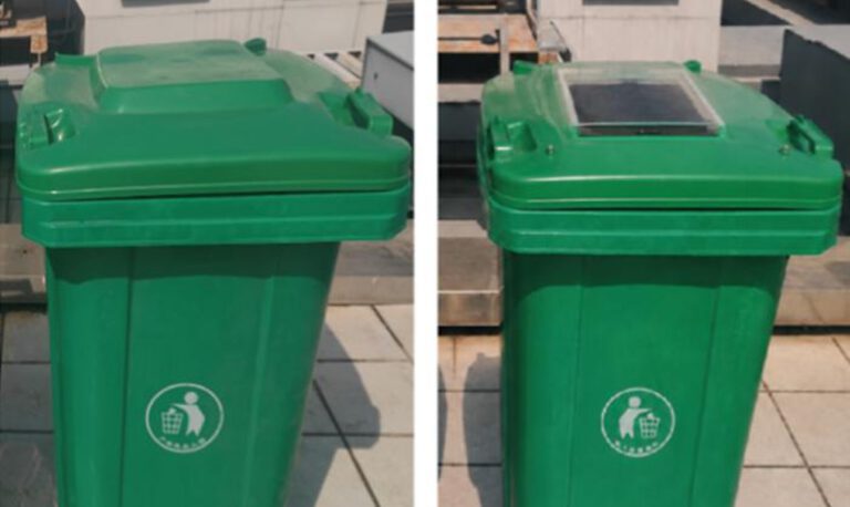 Sonne gegen Müllgeruch: Der Einsatz im rechten Deckel baut Geruchsstoffe aus Lebensmittelabfällen ab. Links steht eine herkömmliche Mülltonne zum Vergleich. © Environmental Science & Technology 2026, DOI: 10.1021/acs.est.6c07573