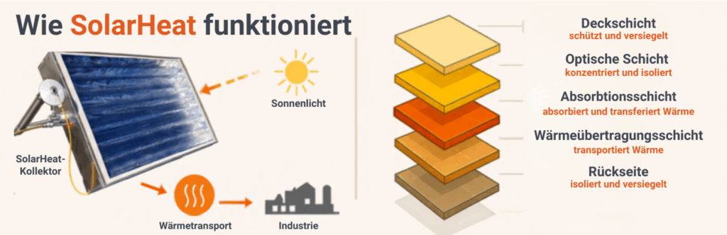 Schematische Darstellung des SolarHeat-Kollektors mit industrieller Anwendung links und mehrschichtigem Aufbau rechts.