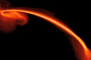 Bei wiederholten Vorbeiflügen verliert ein Stern Materie an ein Schwarzes Loch. Seine schnelle Eigenrotation könnte erklären, warum die Ausbrüche schwächer werden. © NASA/JPL-Caltech/JHU/UCSC