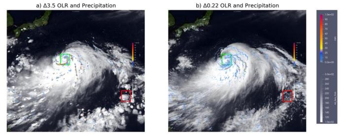 Zwei Simulationen, ein Taifun: Links erscheint der Regen bei 3,5 Kilometern Auflösung großflächig und konzentriert, rechts macht das feinere Wettermodell kleinere Regenzellen sichtbar. © S. Matsugishi, M. Satoh und T. Ohno (2026)