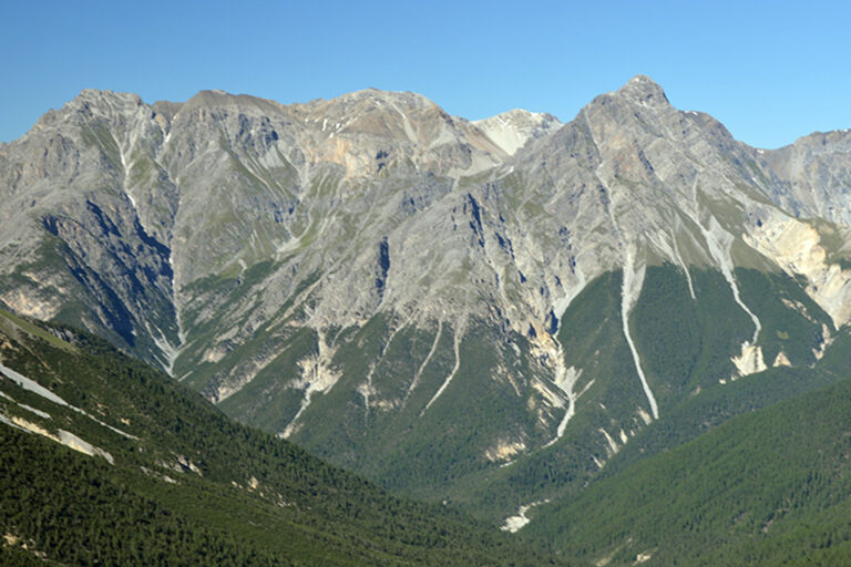 Baumgrenzen wie im Schweizerischen Nationalpark, Graubünden verschieben sich nicht nur durch den Klimawandel, auch Landnutzung beeinflusst, wie hoch Wälder in den Bergen wachsen. © Sabine Rumpf, Universität Basel