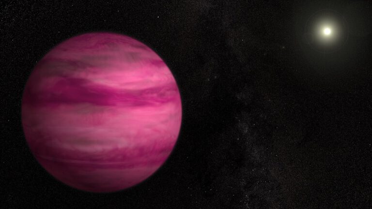 Der „Pink Planet“ GJ 504 b kreist 57 Lichtjahre entfernt um einen sonnenähnlichen Stern. Mit rund 25 Jupitermassen liegt er zwischen Riesenplanet und Braunem Zwerg. Illustration: NASA/Goddard Space Flight Center