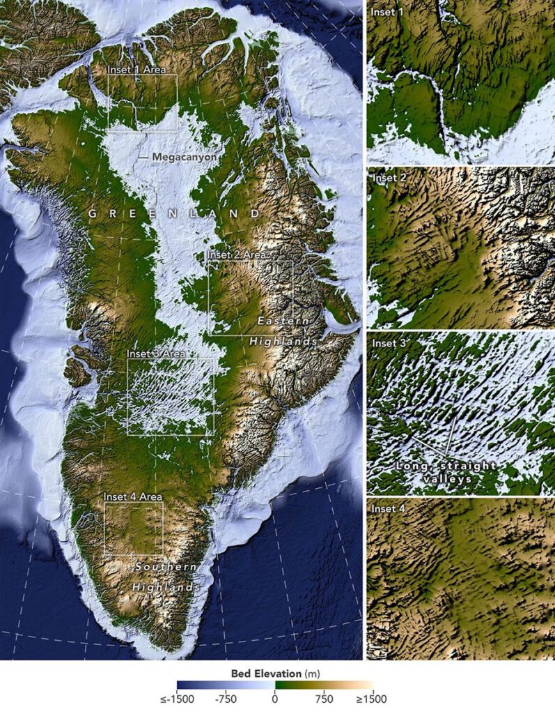 Eine neue Kartierung macht die Landschaft unter Grönlands Eisschild sichtbar. Im Westen ziehen sich lange, gerade Täler teils weit ins Landesinnere. © NASA Earth Observatory/Lauren Dauphin, basierend auf Daten von Chartrand et al.