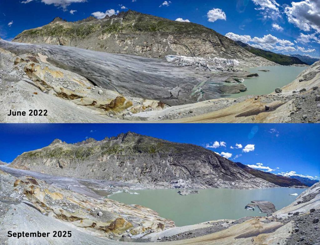 Selbst mittelgroße Gletscher wie der Rhônegletscher könnten stark schrumpfen. Im Extremfall bleiben bis 2100 nur noch rund 20 Gletscher in den Alpen übrig. © ETH Zurich / Chair of Glaciology