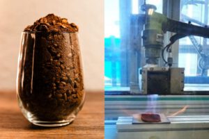 Nasser Kaffeesatz gilt eigentlich als schwer verwertbar. Im neuen Plasma-Verfahren hilft die Feuchtigkeit jedoch dabei, poröse Biokohle mit hohem Heizwert zu bilden. (eigene Collage) © Unsplash / National Research Council of Science & Technology (KIGAM)