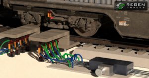 Zu sehen ist ein Entwurf des Systems von Regen Tracks: Direkt neben dem Gleis soll die Technik die Kräfte vorbeifahrender Züge aufnehmen und daraus Strom erzeugen. © Regen Tracks